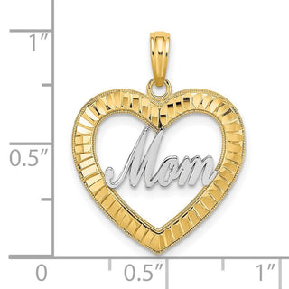 14k Yellow Gold w/ Rhodium and Diamond-cut Heart Frame Mom Pendant