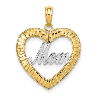 14k Yellow Gold w/ Rhodium and Diamond-cut Heart Frame Mom Pendant