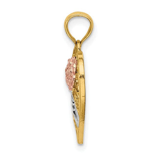 14k Yellow and Rose Gold with Rhodium Love Banner on Filigree Heart Pendant