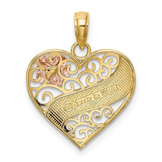 14k Yellow and Rose Gold with Rhodium Love Banner on Filigree Heart Pendant