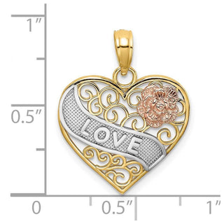14k Yellow and Rose Gold with Rhodium Love Banner on Filigree Heart Pendant