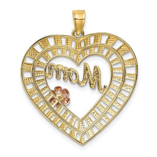 14k Yellow and Rose Gold with Rhodium and Diamond-cut Mom Heart Pendant