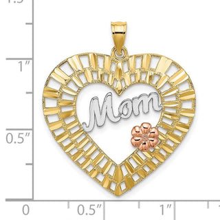 14k Yellow and Rose Gold with Rhodium and Diamond-cut Mom Heart Pendant