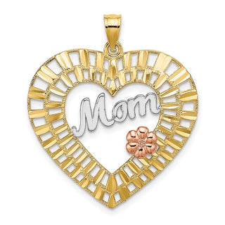 14k Yellow and Rose Gold with Rhodium and Diamond-cut Mom Heart Pendant