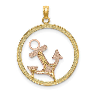 14k Yellow and Rose Gold with Rhodium Anchor In Round Frame Pendant