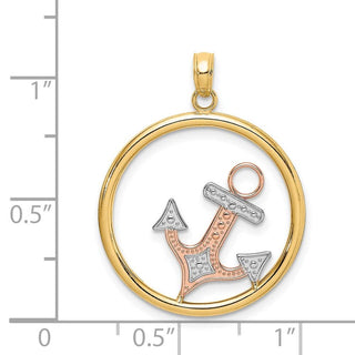 14k Yellow and Rose Gold with Rhodium Anchor In Round Frame Pendant