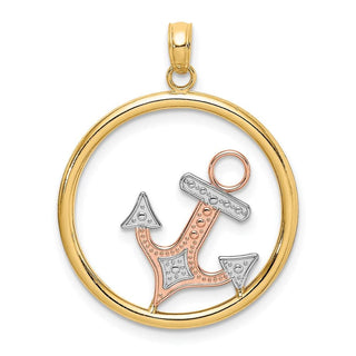 14k Yellow and Rose Gold with Rhodium Anchor In Round Frame Pendant