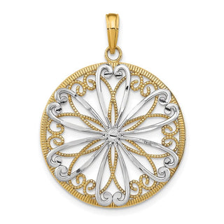 14k Yellow Gold w/Rhodium Filigree Center Round Pendant K9474