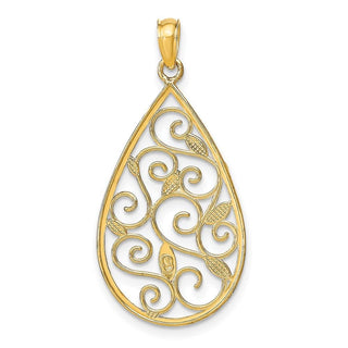 14k Yellow Gold w/Rhodium Beaded Filigree Diamond-cut Teardrop Pendant K9477