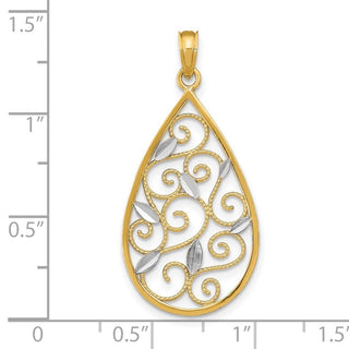 14k Yellow Gold w/Rhodium Beaded Filigree Diamond-cut Teardrop Pendant K9477