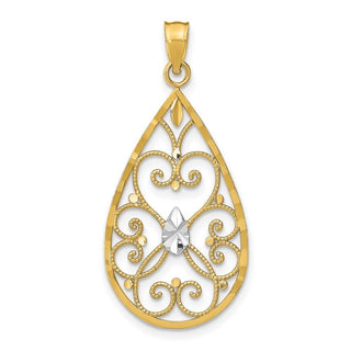 14k Yellow Gold w/Rhodium Heart Beaded Filigree Diamond-cut Teardrop Pendant