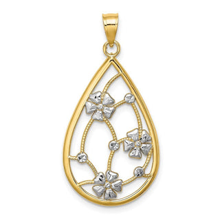 14k Yellow Gold w/ White Rhodium Flowers In Teardrop Frame Pendant