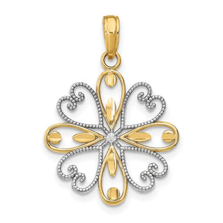 14k Yellow Gold w/Rhodium Beaded Heart Petals Flower Pendant