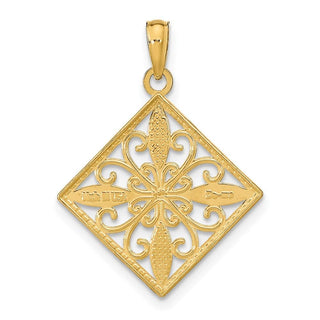 14k Yellow Gold w/Rhodium Flower and Cross Square Pendant