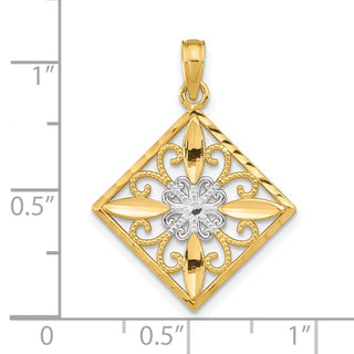 14k Yellow Gold w/Rhodium Flower and Cross Square Pendant