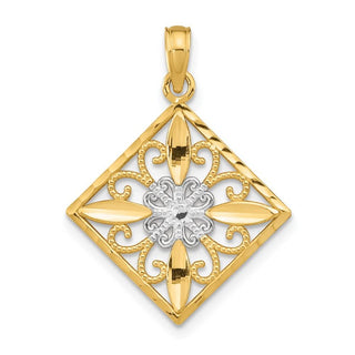 14k Yellow Gold w/Rhodium Flower and Cross Square Pendant