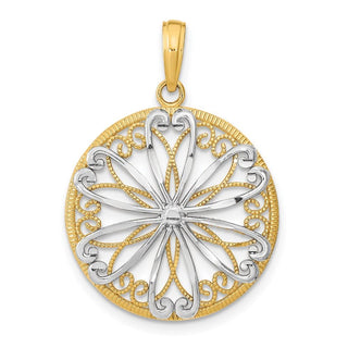 14k Yellow Gold w/Rhodium Filigree Center Round Pendant K9488