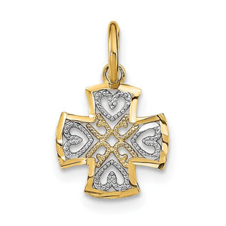 14k Yellow Gold w/ Rhodium-Plated and Diamond-cut Hearts In Cross Charm