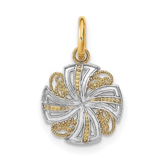 14k Yellow Gold w/Rhodium and Diamond-cut Mini Pinwheel Medallion Pendant