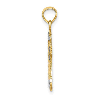 14k Yellow Gold with Rhodium-Plated and Diamond-Cut Fleur-De-Lis Cross Pendant