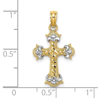 14k Yellow Gold with Rhodium-Plated and Diamond-Cut Fleur-De-Lis Cross Pendant