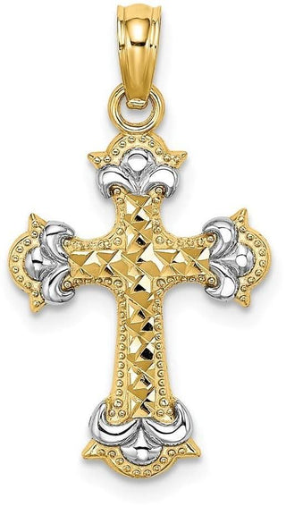 14k Yellow Gold with Rhodium-Plated and Diamond-Cut Fleur-De-Lis Cross Pendant