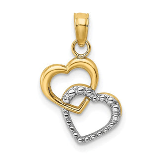 14k Yellow Gold and Rhodium Polished and Textured Intertwined Hearts Pendant