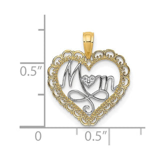 14k Yellow Gold And Rhodium Cut-Out Mom Inside Scallop Heart Pendant