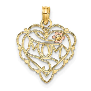 14k Two-tone Gold w/Rhodium Mom Heart w/Flower Pendant
