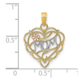 14k Two-tone Gold w/Rhodium Mom Heart w/Flower Pendant