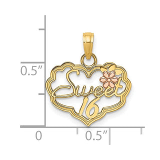 14k Two-tone Gold Sweet 16 Heart w/Flower Pendant