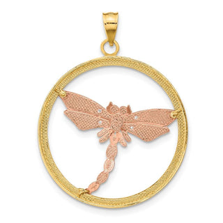 14k Yellow and Rose Gold with Rhodium Textured Dragonfly in Round Frame Pendant