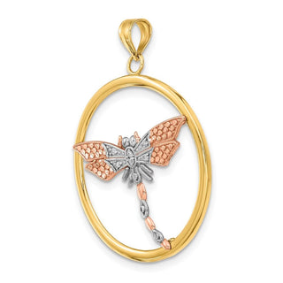 14k Yellow and Rose Gold with Rhodium Textured Dragonfly in Round Frame Pendant