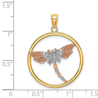 14k Yellow and Rose Gold with Rhodium Textured Dragonfly in Round Frame Pendant