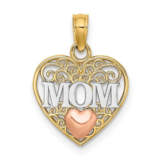 14k Yellow and Rose Gold with Rhodium Polished Mom and Heart in Heart Pendant