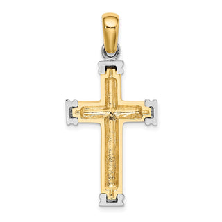14k Gold with Rhodium-Plating Scroll and Double Endcaps Cross Pendant