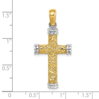 14k Gold with Rhodium-Plating Scroll and Double Endcaps Cross Pendant