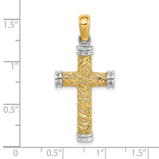 14k Gold with Rhodium-Plating Scroll and Double Endcaps Cross Pendant