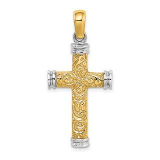 14k Gold with Rhodium-Plating Scroll and Double Endcaps Cross Pendant