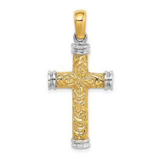 14k Gold with Rhodium-Plating Scroll and Double Endcaps Cross Pendant