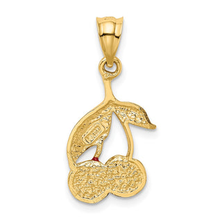 14k Yellow Gold Polished Red Enameled Cherries Pendant