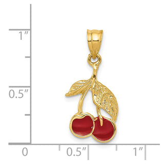 14k Yellow Gold Polished Red Enameled Cherries Pendant