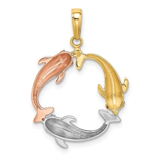 14k Tri-Color Gold Triple Dolphin Circle Pendant
