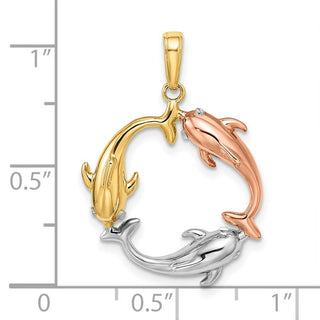 14k Tri-Color Gold Triple Dolphin Circle Pendant
