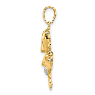 14k Yellow Gold w/Rhodium Double Dolphin Pendant