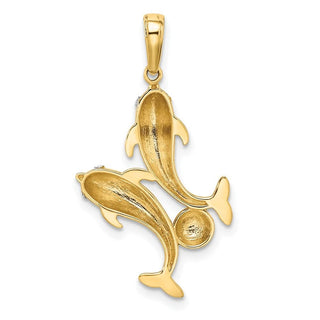 14k Yellow Gold w/Rhodium Double Dolphin Pendant