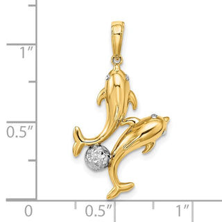 14k Yellow Gold w/Rhodium Double Dolphin Pendant