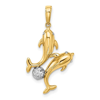 14k Yellow Gold w/Rhodium Double Dolphin Pendant