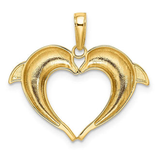 14k Yellow Gold w/Rhodium Double Dolphin Heart Pendant