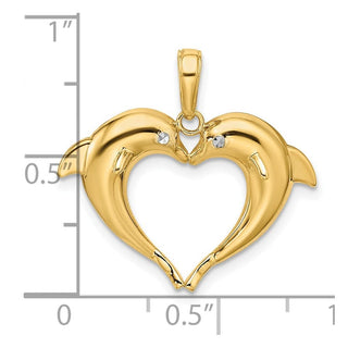 14k Yellow Gold w/Rhodium Double Dolphin Heart Pendant